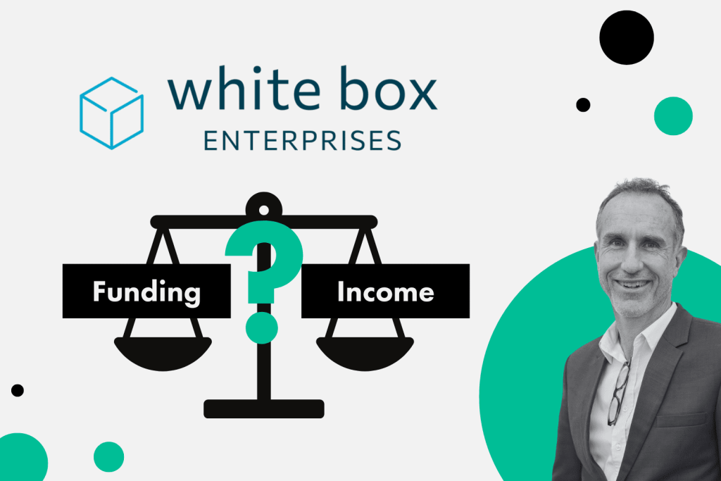 Image of scales weighing up funding v income, next to a photo of Mark Daniels