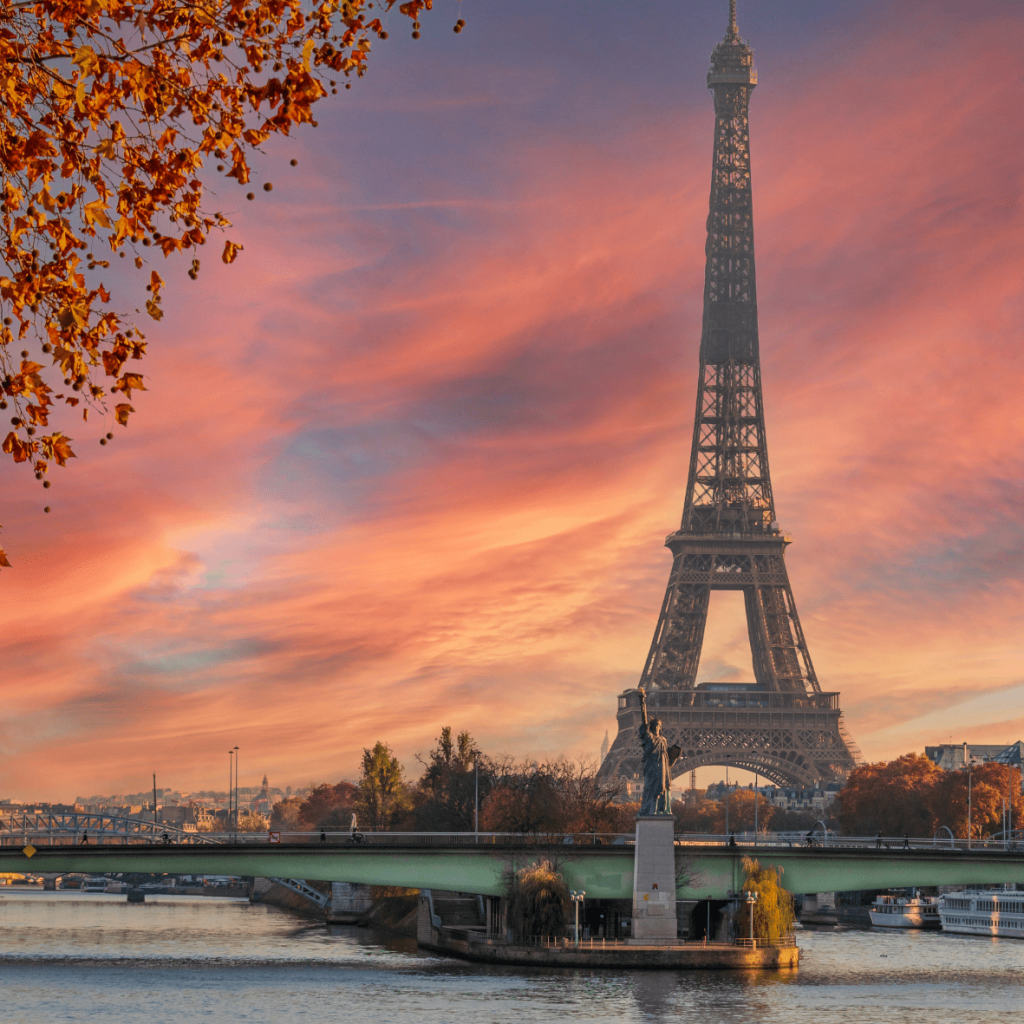 Eiffel Tower at sunset in Paris.
