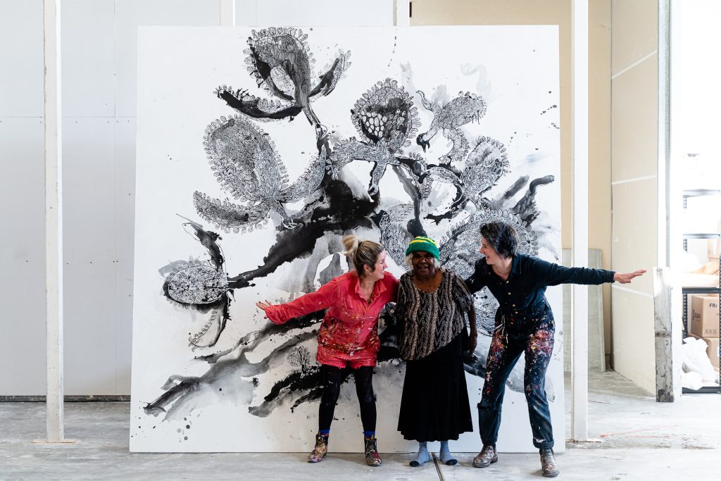 Skye O'Meara, Joanna Byrne and Illuwanti Ken in the Adelaide Art Centre.
